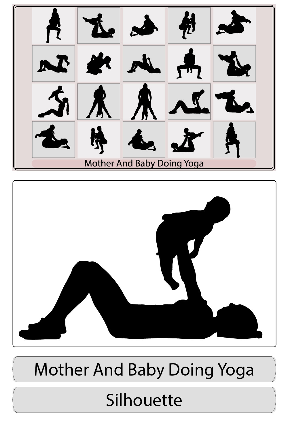 mom and baby doing yoga,mother and daughter doing yoga workout silhouette graphic,mother and daughter, woman and girl child doing yoga exercises, pinterest preview image.