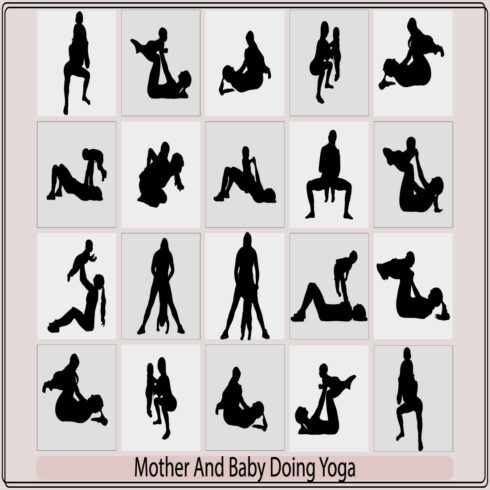 mom and baby doing yoga,mother and daughter doing yoga workout silhouette graphic,mother and daughter, woman and girl child doing yoga exercises, cover image.