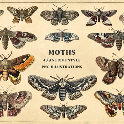 Moths - 40 antique style PNG images cover image.