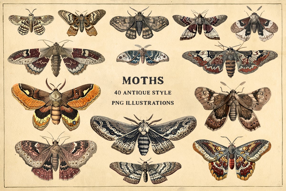 Moths - 40 antique style PNG images cover image.
