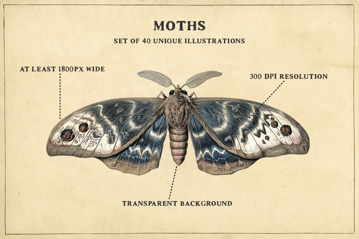 Moths - 40 antique style PNG images preview image.