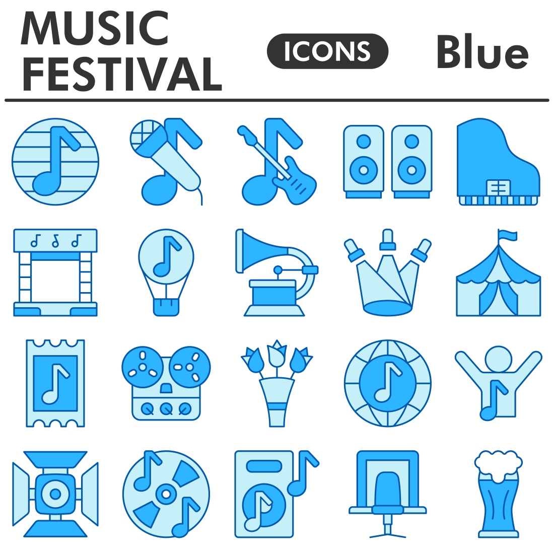 Muzic festival icons set, blue style cover image.