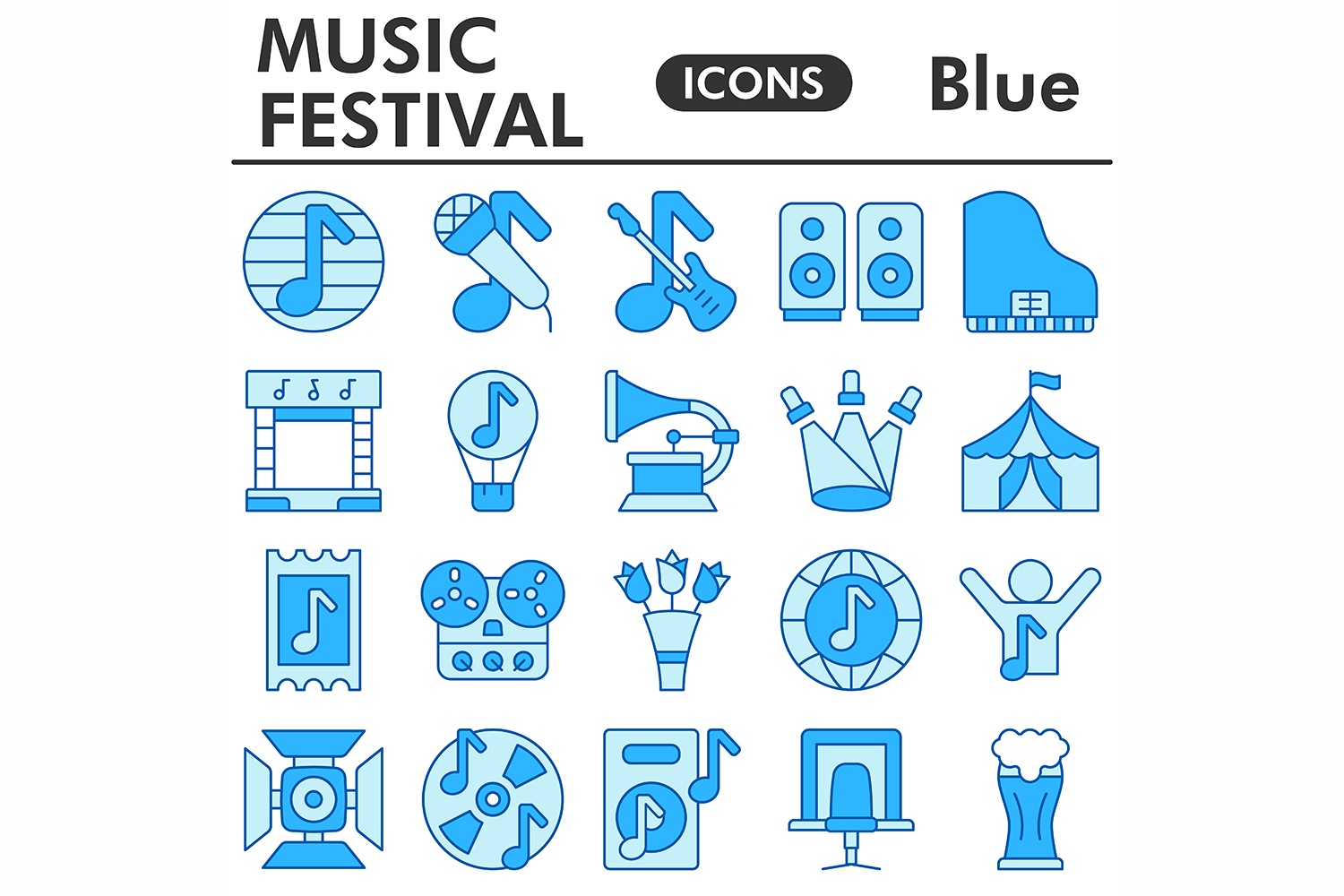 Muzic festival icons set, blue style pinterest preview image.