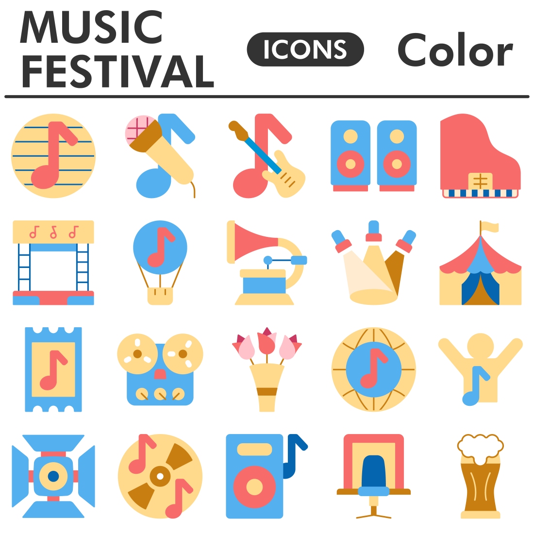 Muzic festival icons set, color style preview image.