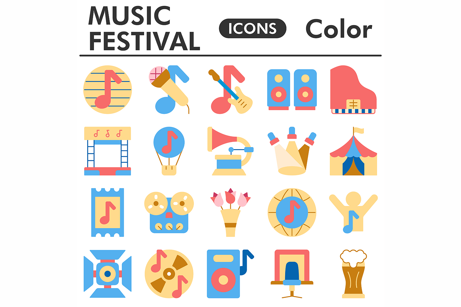 Muzic festival icons set, color style pinterest preview image.