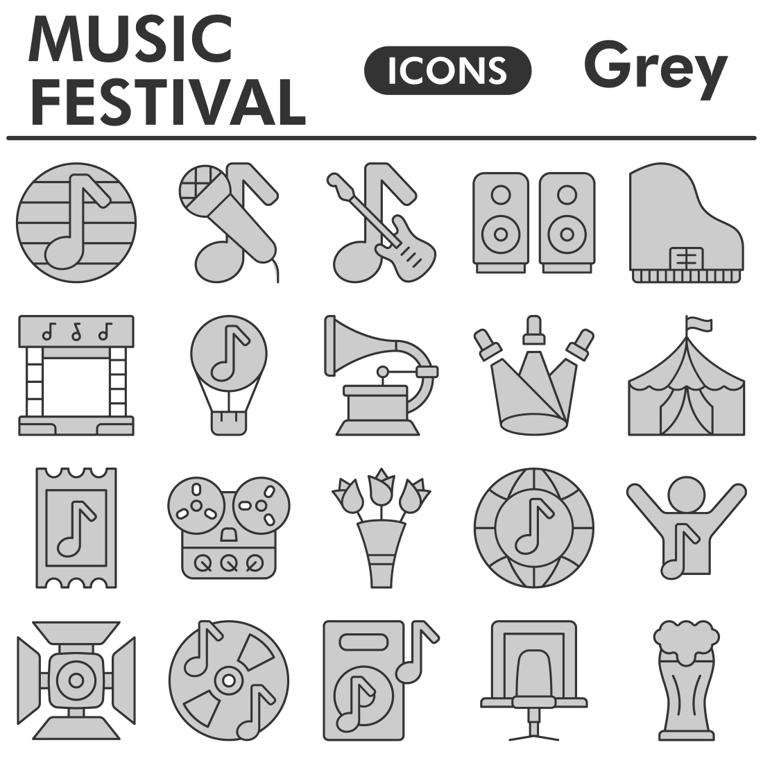 Muzic festival icons set, gray style preview image.