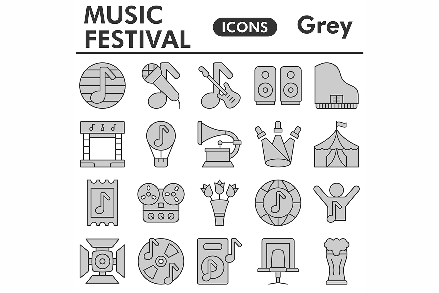 Muzic festival icons set, gray style pinterest preview image.