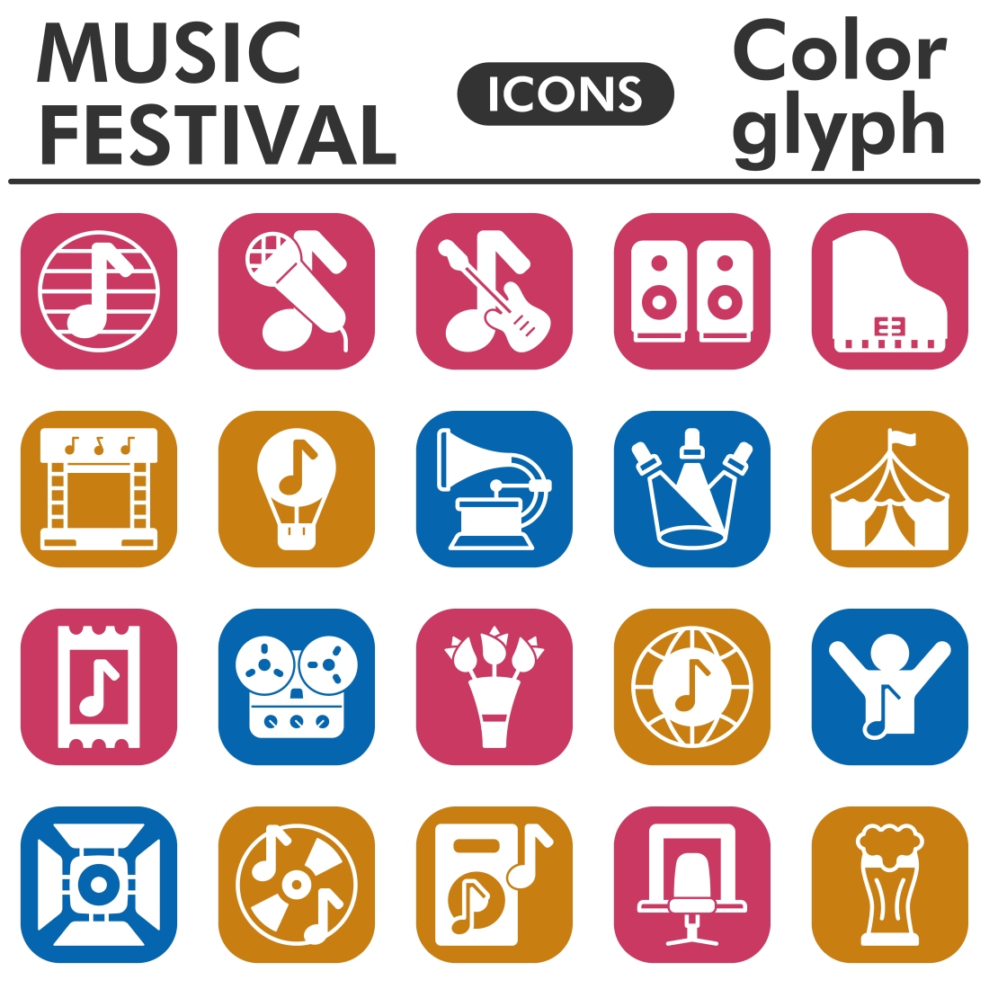Muzic festival icons set, color glyph preview image.
