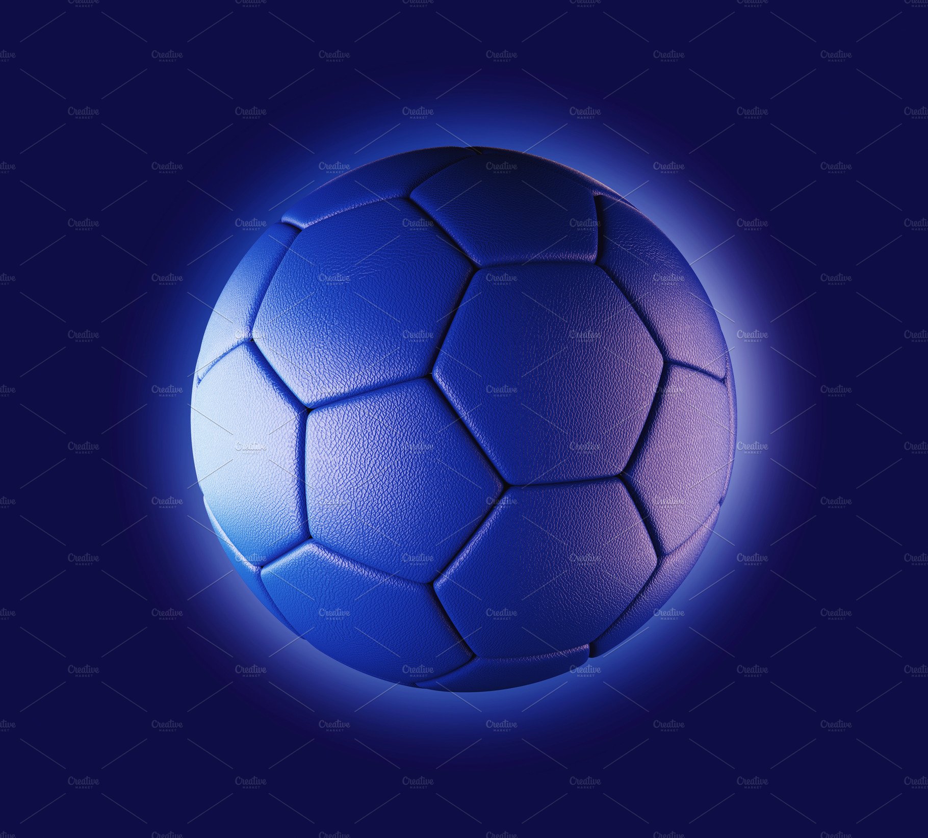 Blue soccer ball on blue background in technology concept. 3d illustration cover image.