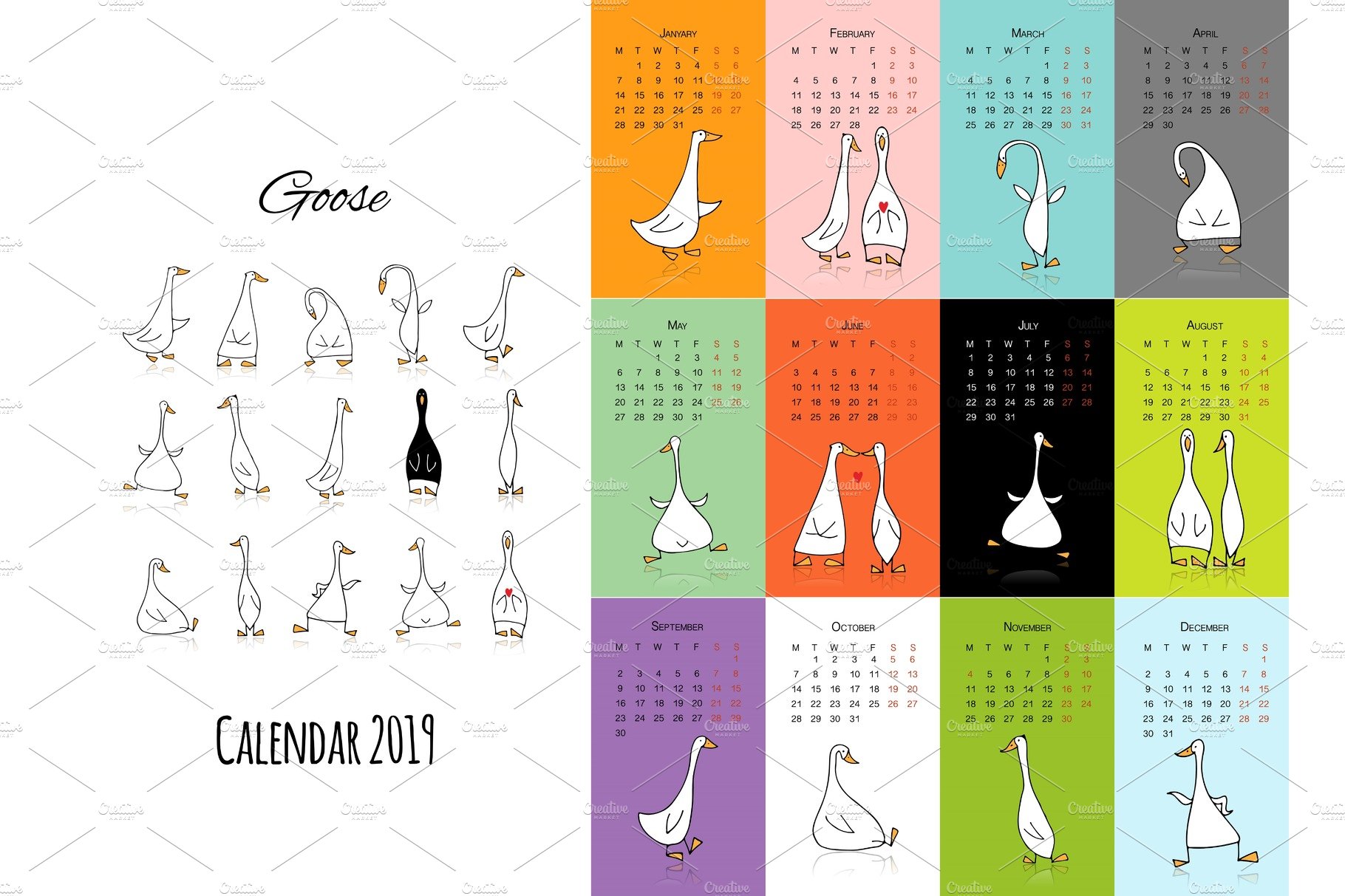 Funny goose, calendar 2019 design cover image.