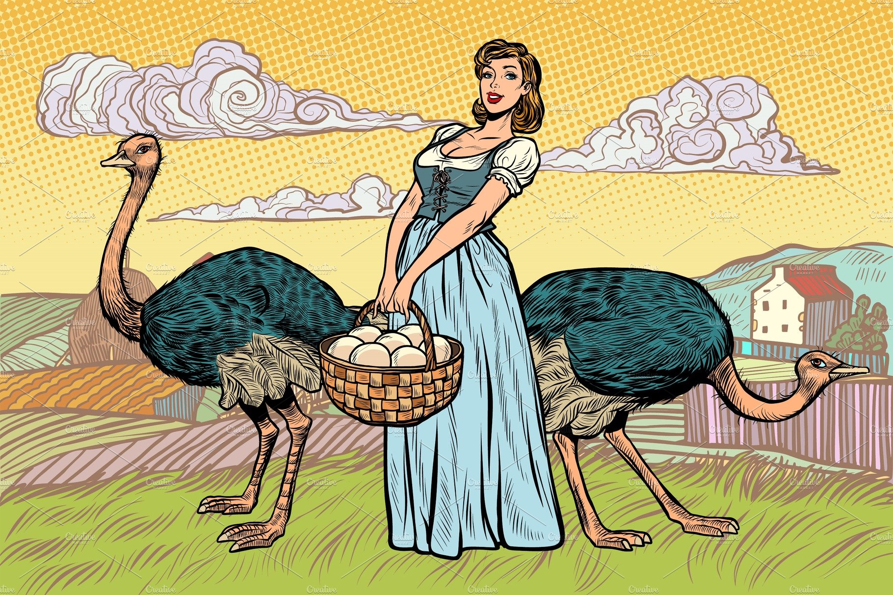 ostrich farm eggs. woman peasant cover image.