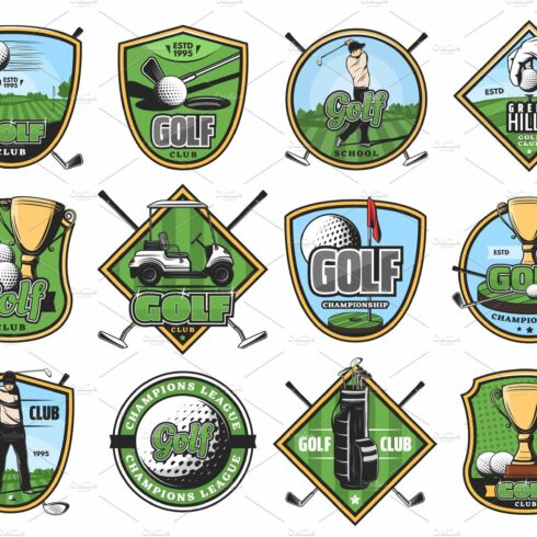 Golf sport icons, golfer and items cover image.