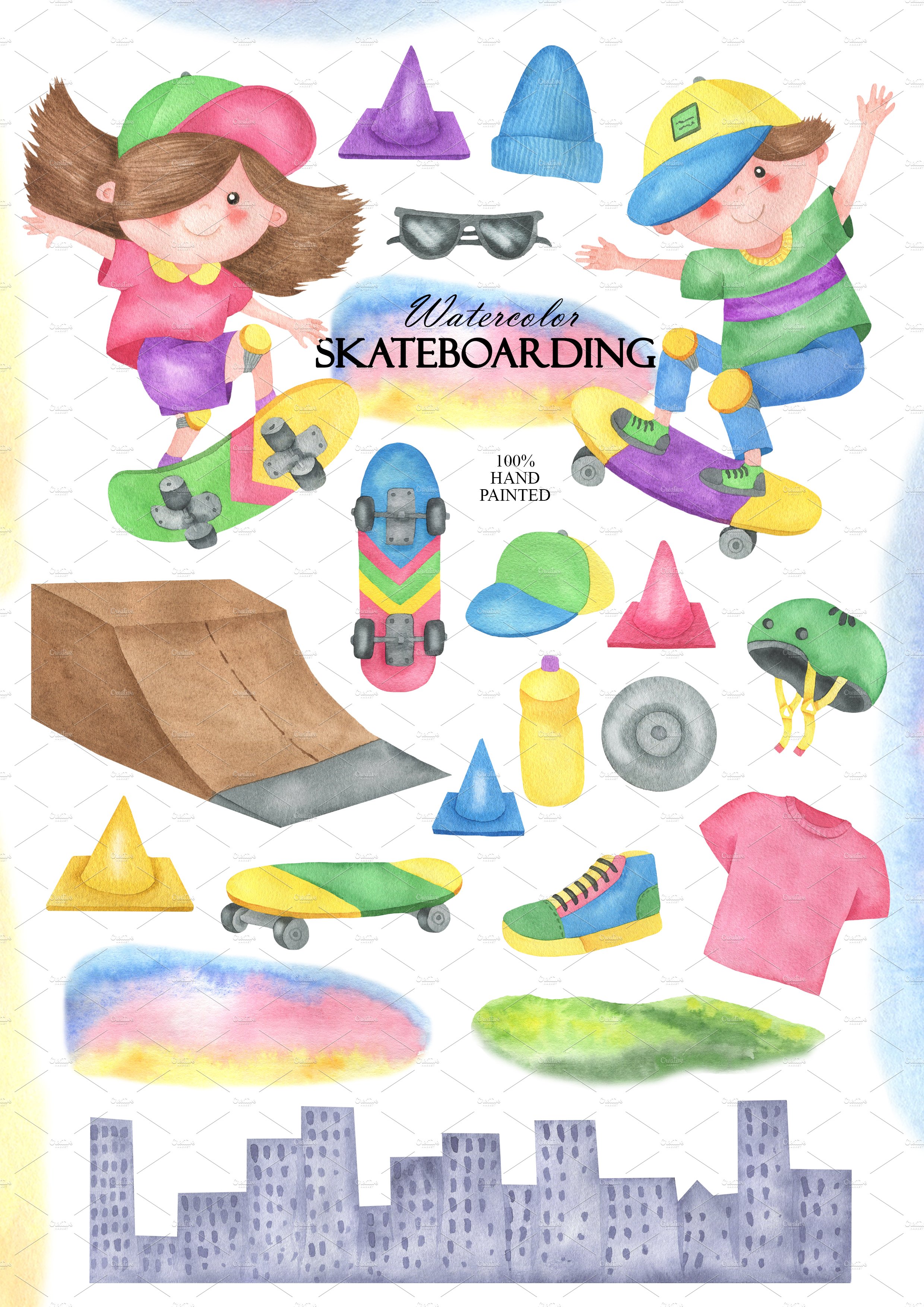 Watercolor Skateboarding preview image.