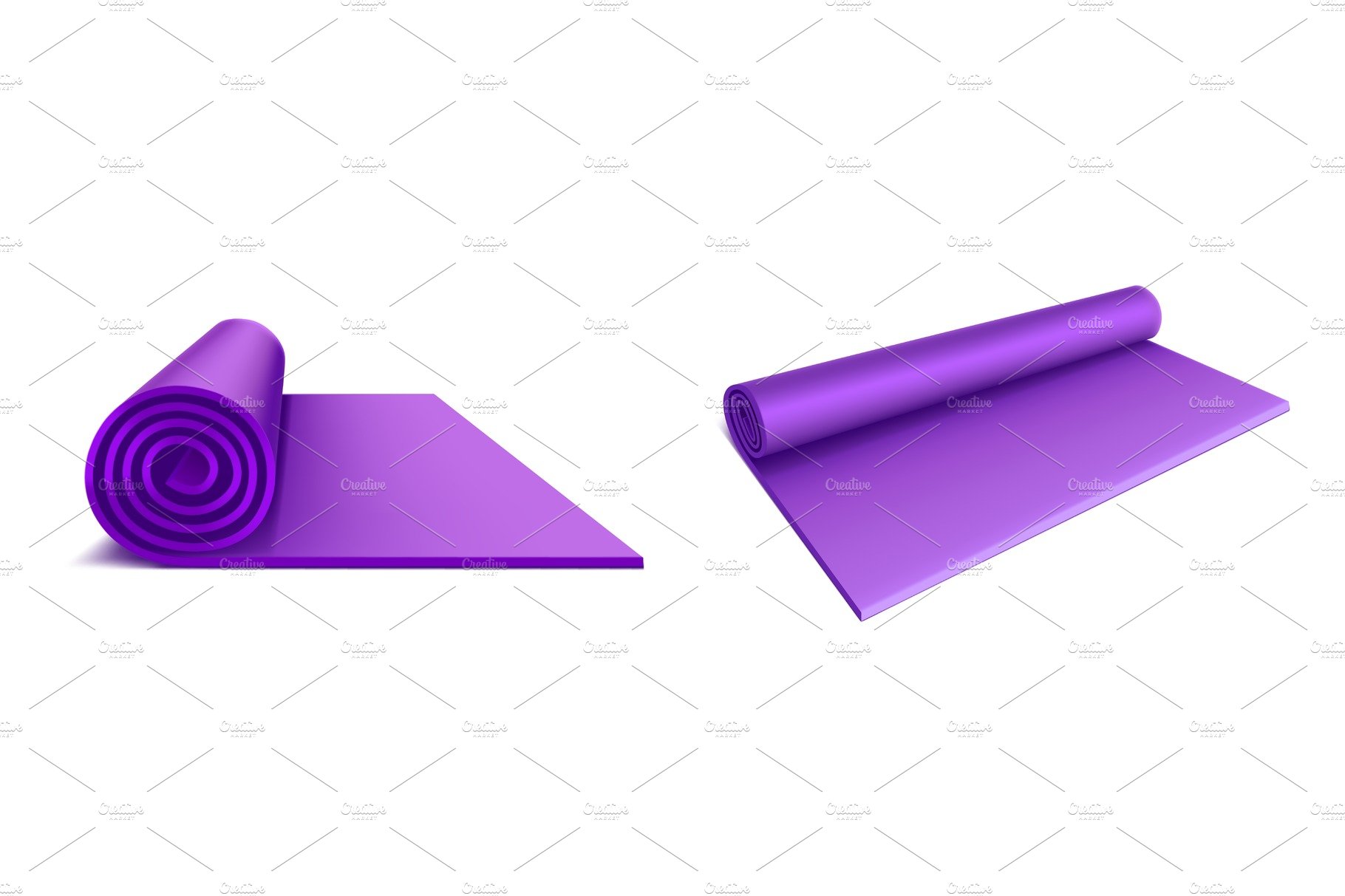 Yoga mat top and side view, purple cover image.