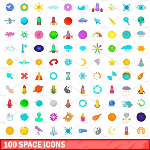 100 space icons set, cartoon style cover image.
