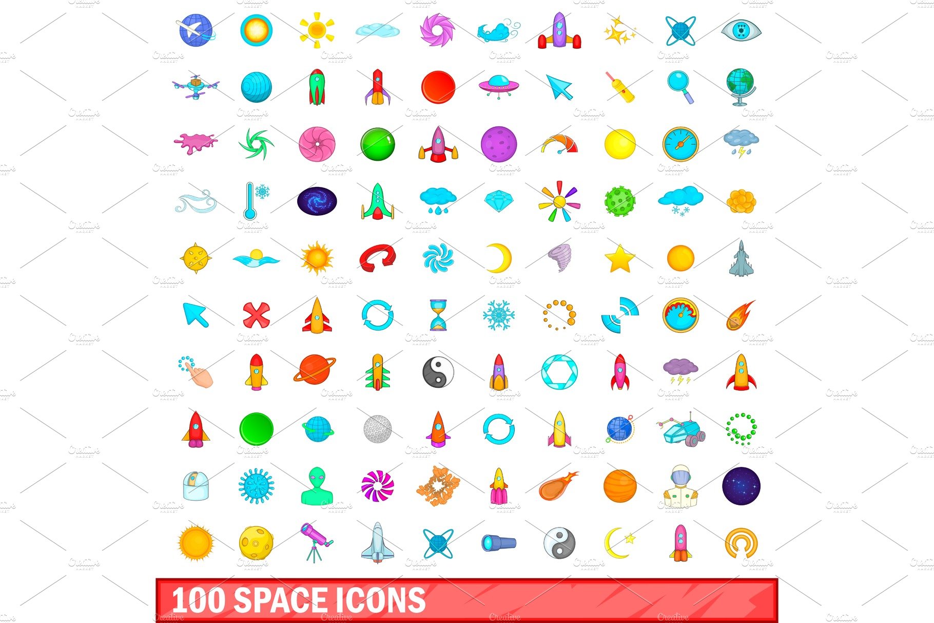 100 space icons set, cartoon style cover image.