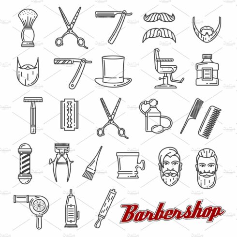 Barber shop outline icons, vector cover image.