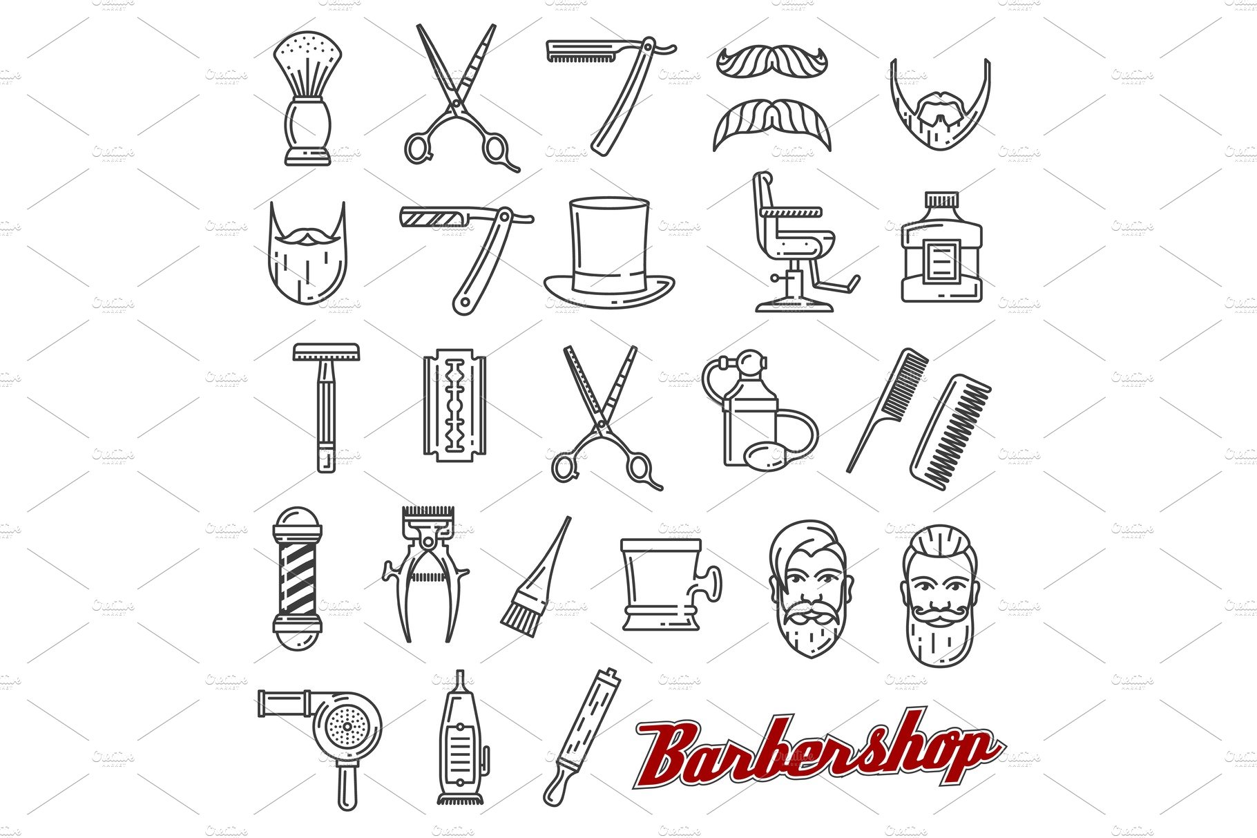 Barber shop outline icons, vector cover image.