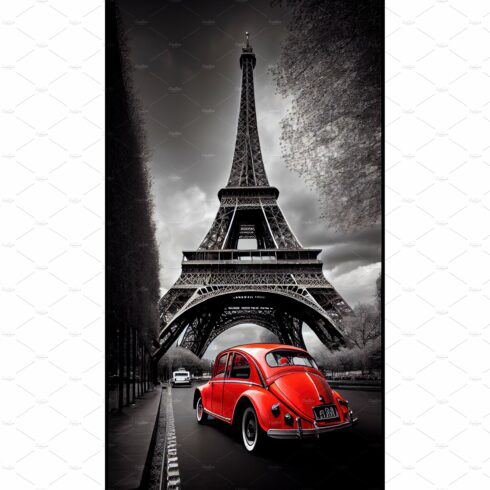 Paris with eiffel tour and red car cover image.