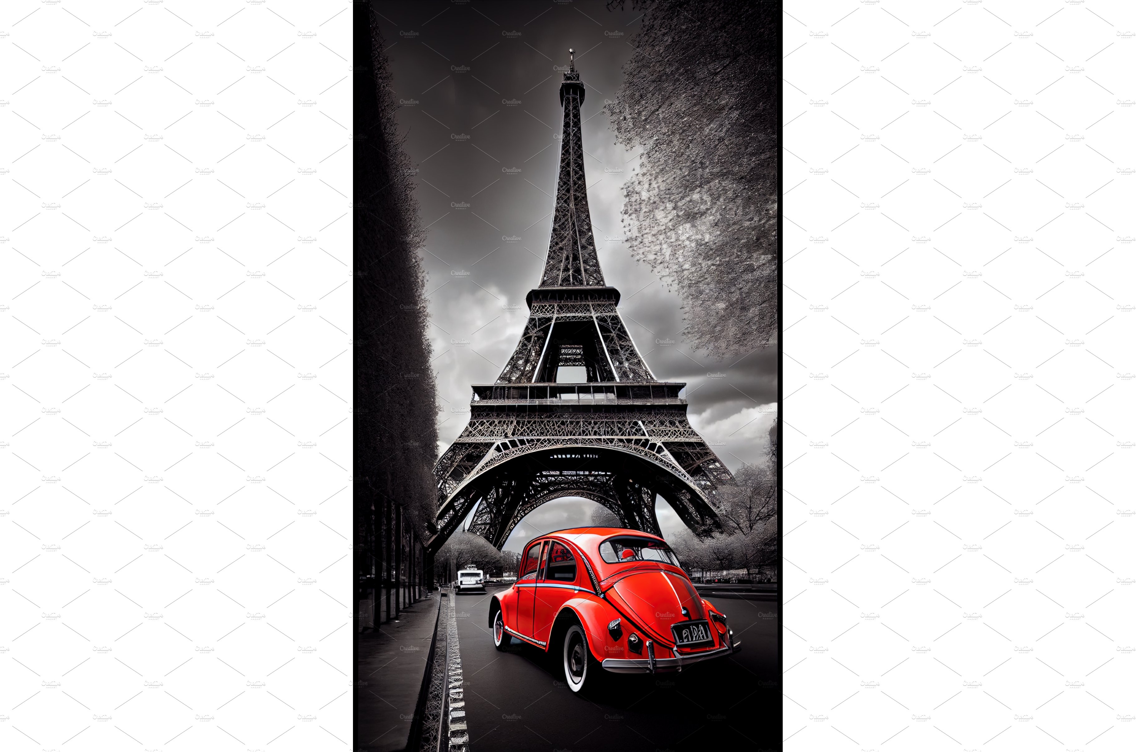 Paris with eiffel tour and red car cover image.