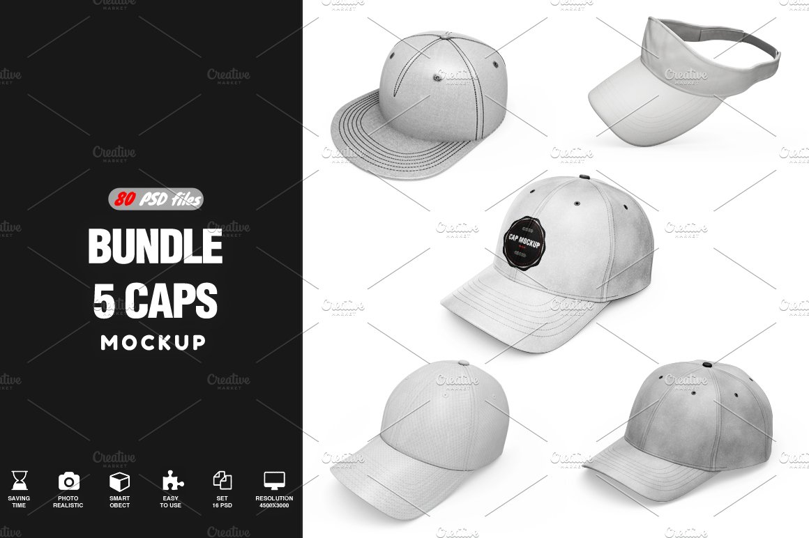 Bundle Caps Mockup 80 PSD files cover image.