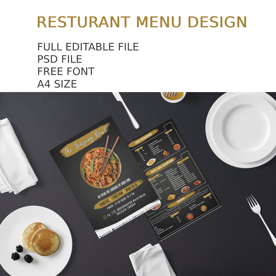 Restaurant menu is shown on a table.