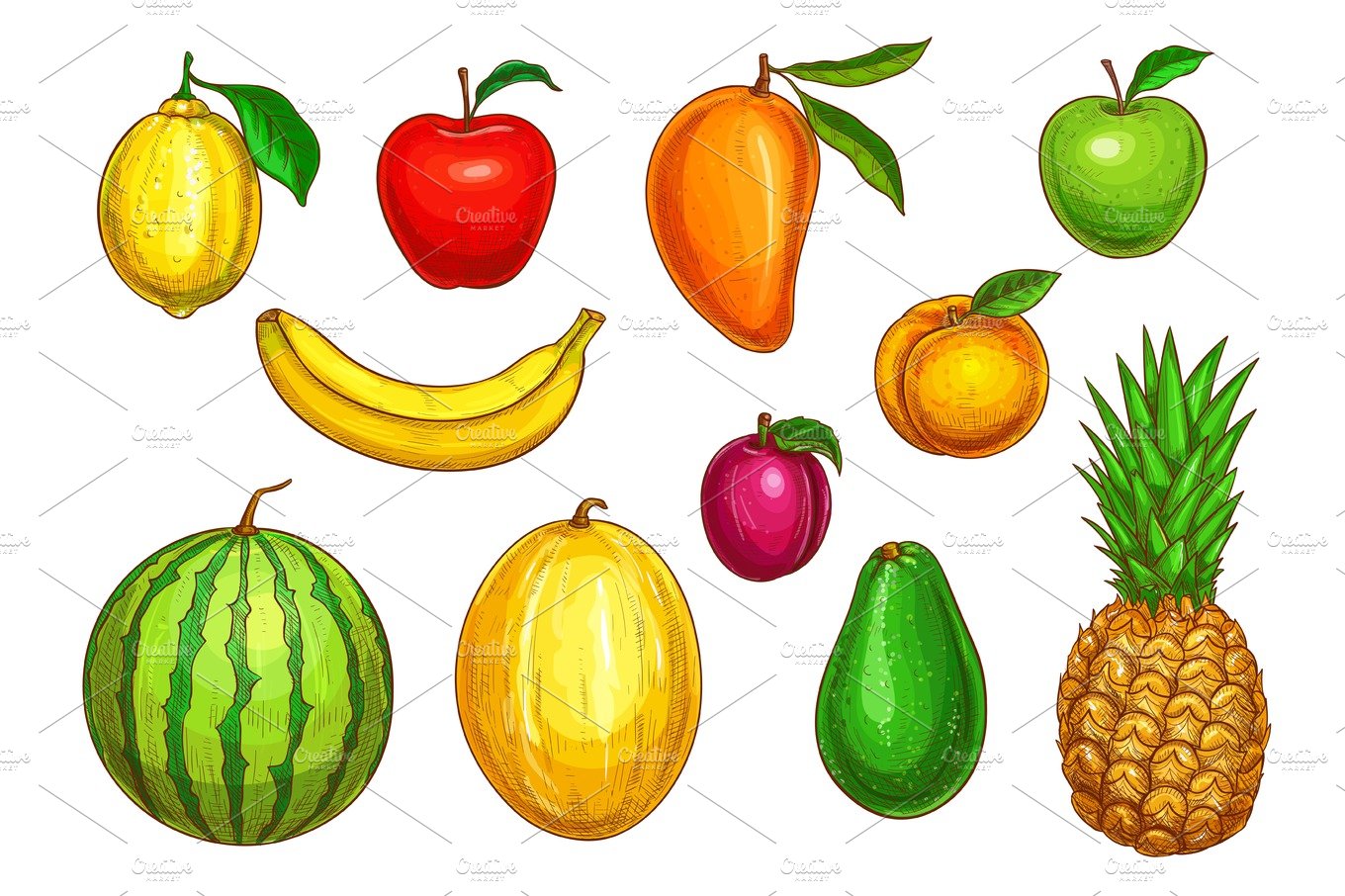 Vector isolated icons of tropical exotic fruits cover image.
