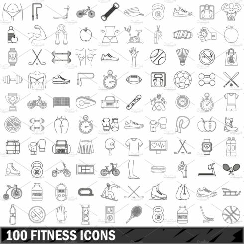100 fitness icons set, outline style cover image.