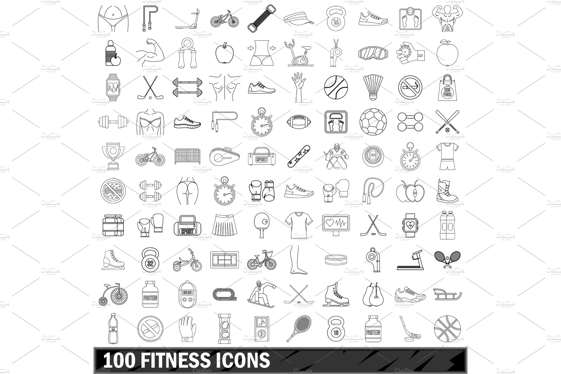 100 fitness icons set, outline style cover image.