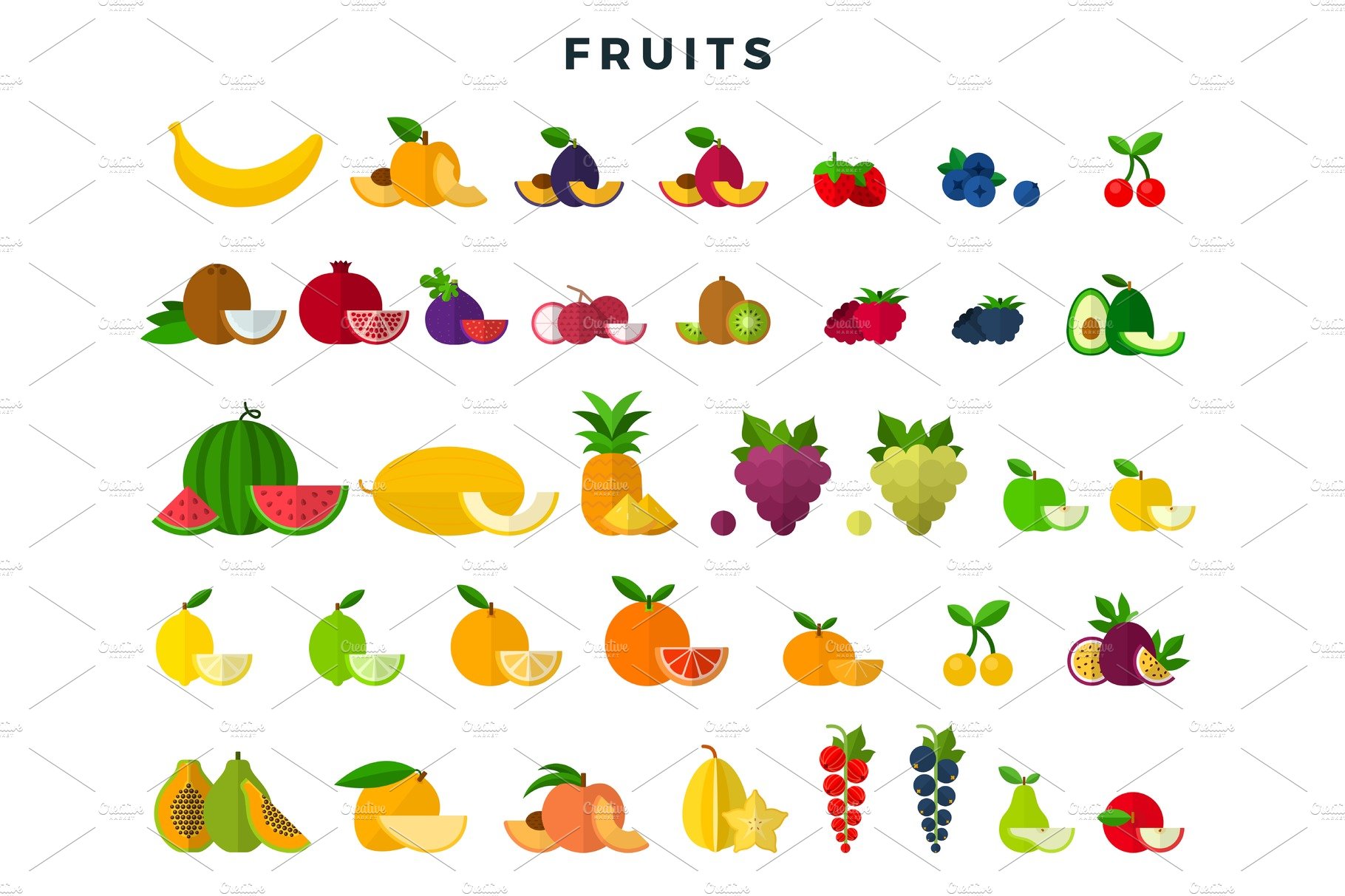 Big set of fruits and berries, whole cover image.
