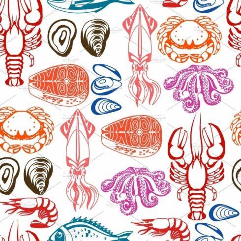 Seamless pattern with various seafood. Illustration of fish, shellfish and ... cover image.