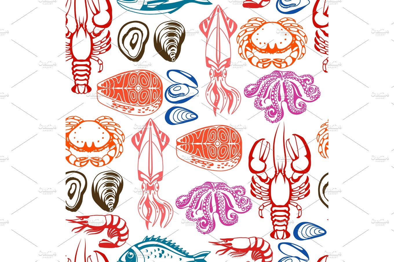 Seamless pattern with various seafood. Illustration of fish, shellfish and ... cover image.