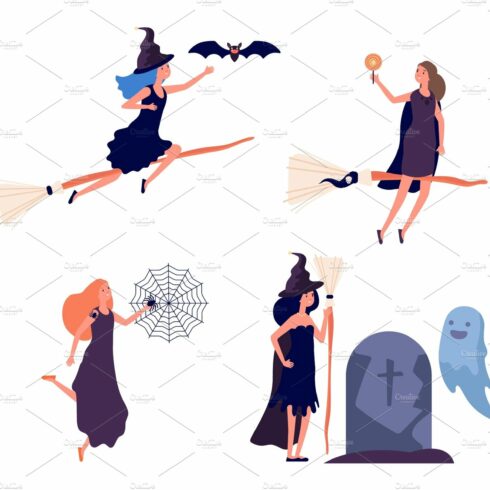 Witches characters. Cute woman flies cover image.