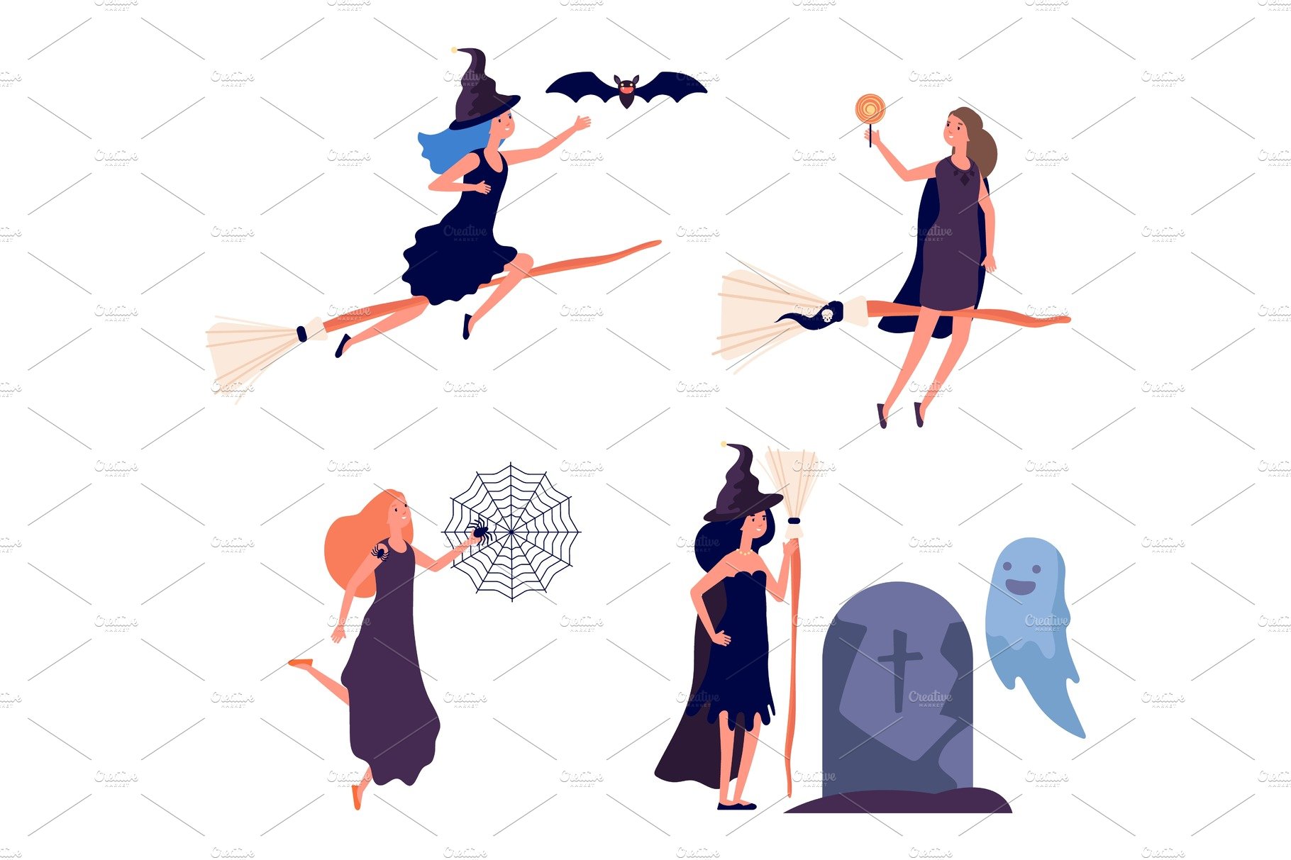Witches characters. Cute woman flies cover image.