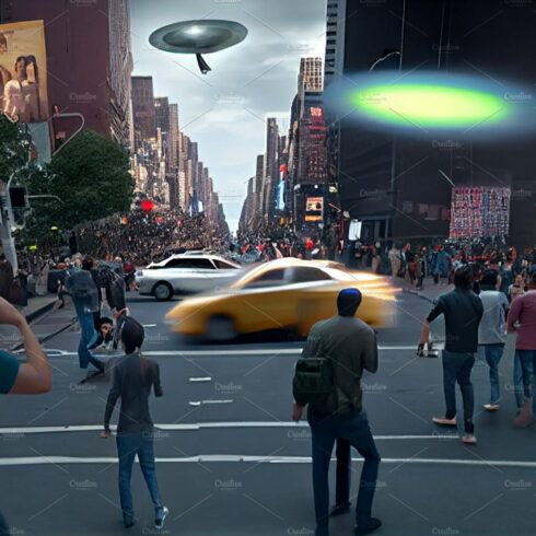 UFO flying over city and crowds of people in panic running away. Spacecraft is cover image.