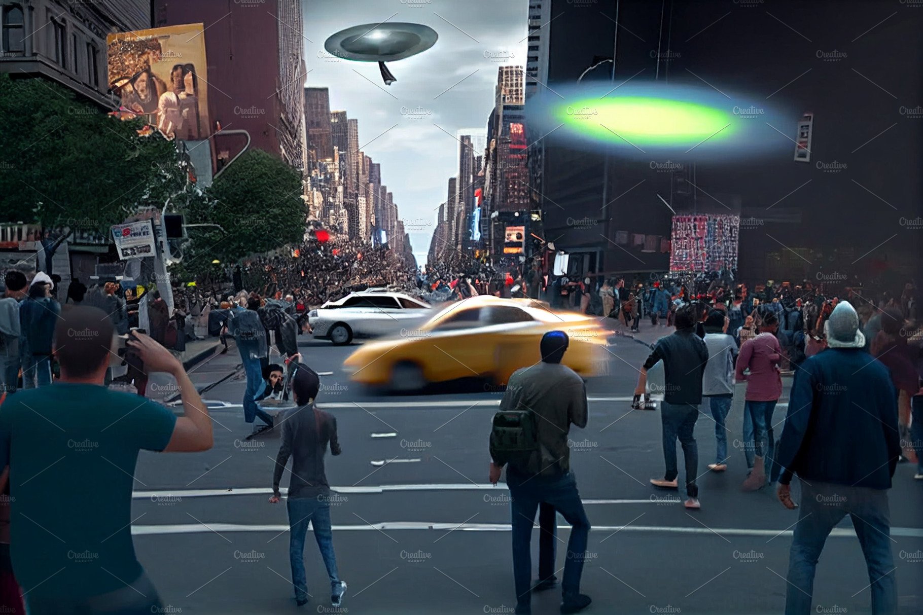 UFO flying over city and crowds of people in panic running away. Spacecraft is cover image.