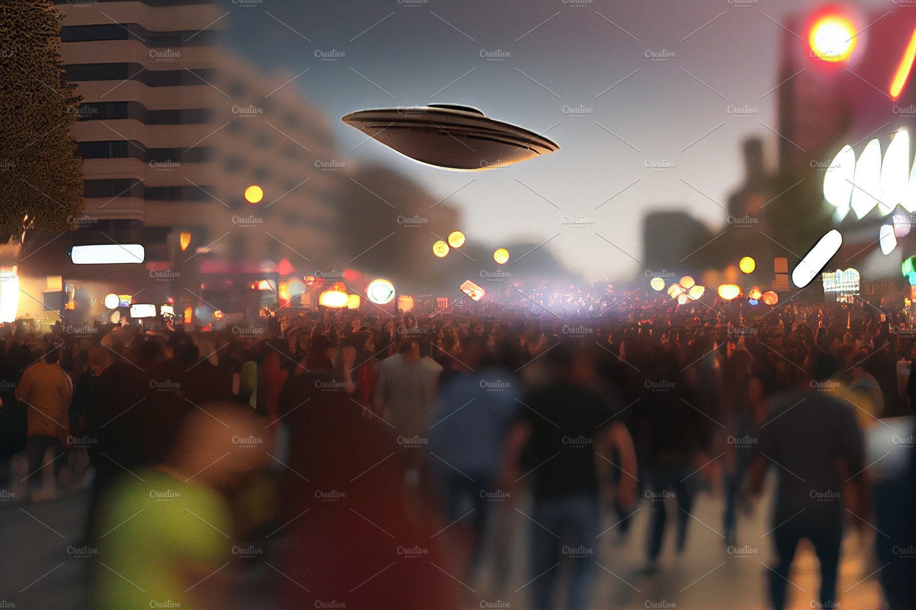 UFO flying over city and crowds of people in panic running away. Spacecraft is cover image.