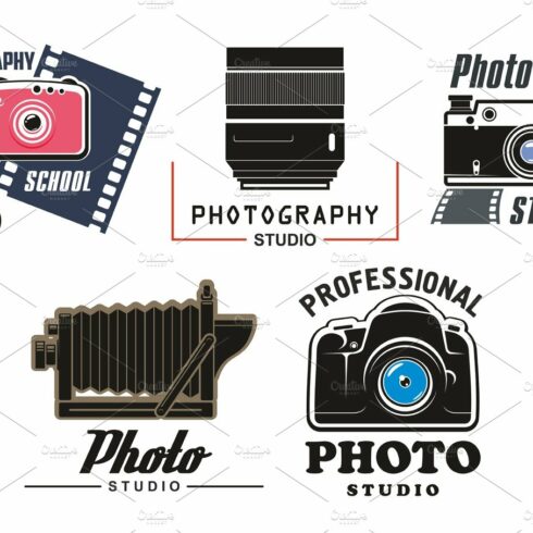 Vector icons set for photo studio school cover image.