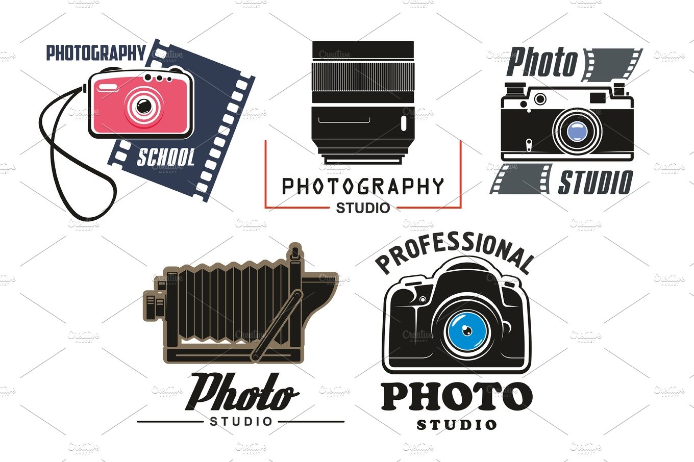 Vector icons set for photo studio school cover image.