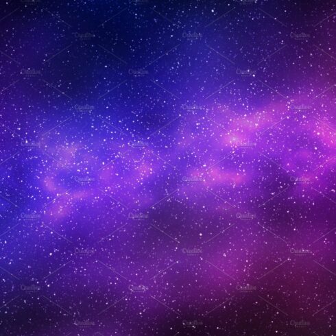 Night starry sky and bright purple blue galaxy, horizontal backg cover image.