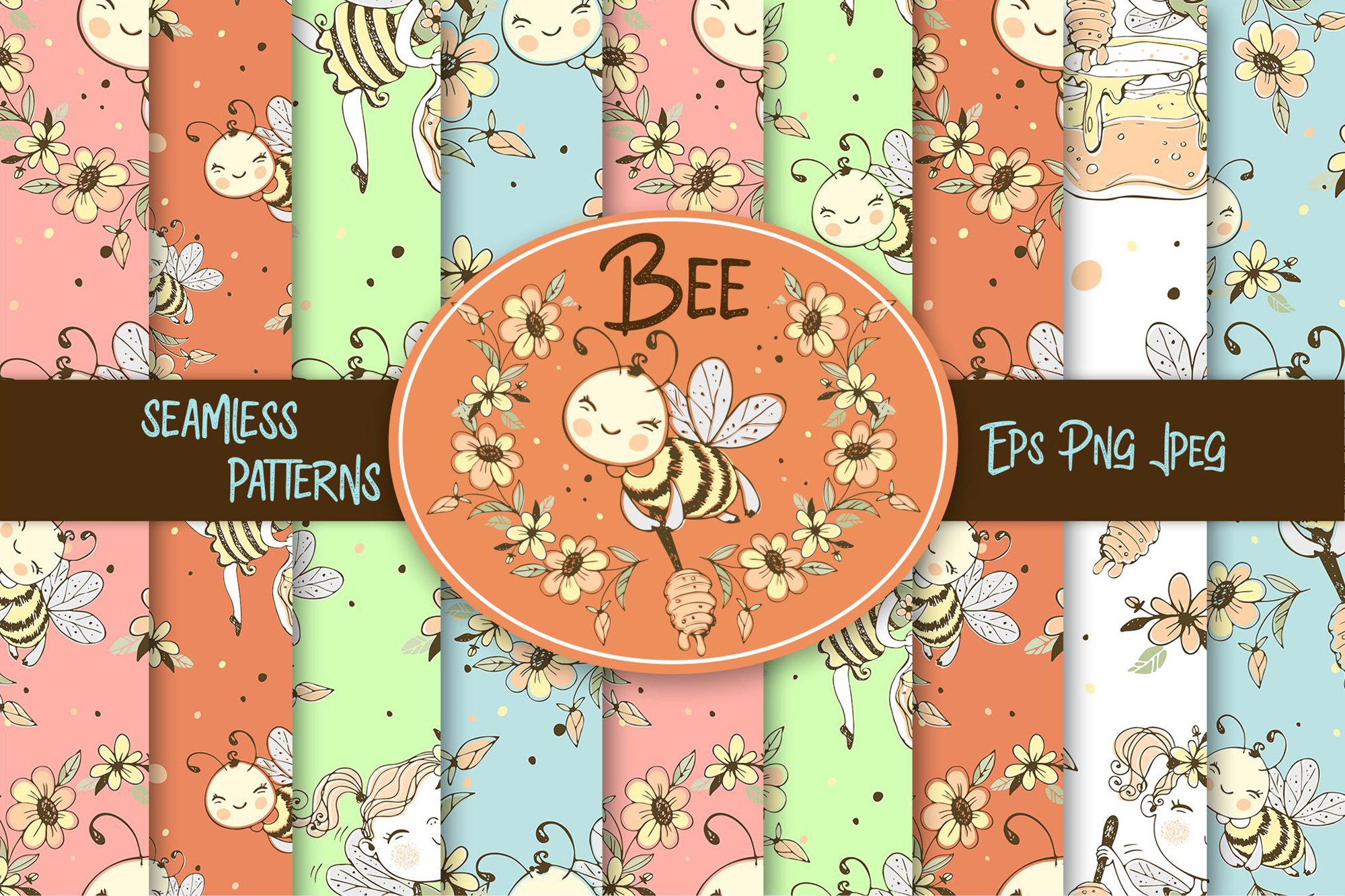 Bee fabric seamless patterns. cover image.