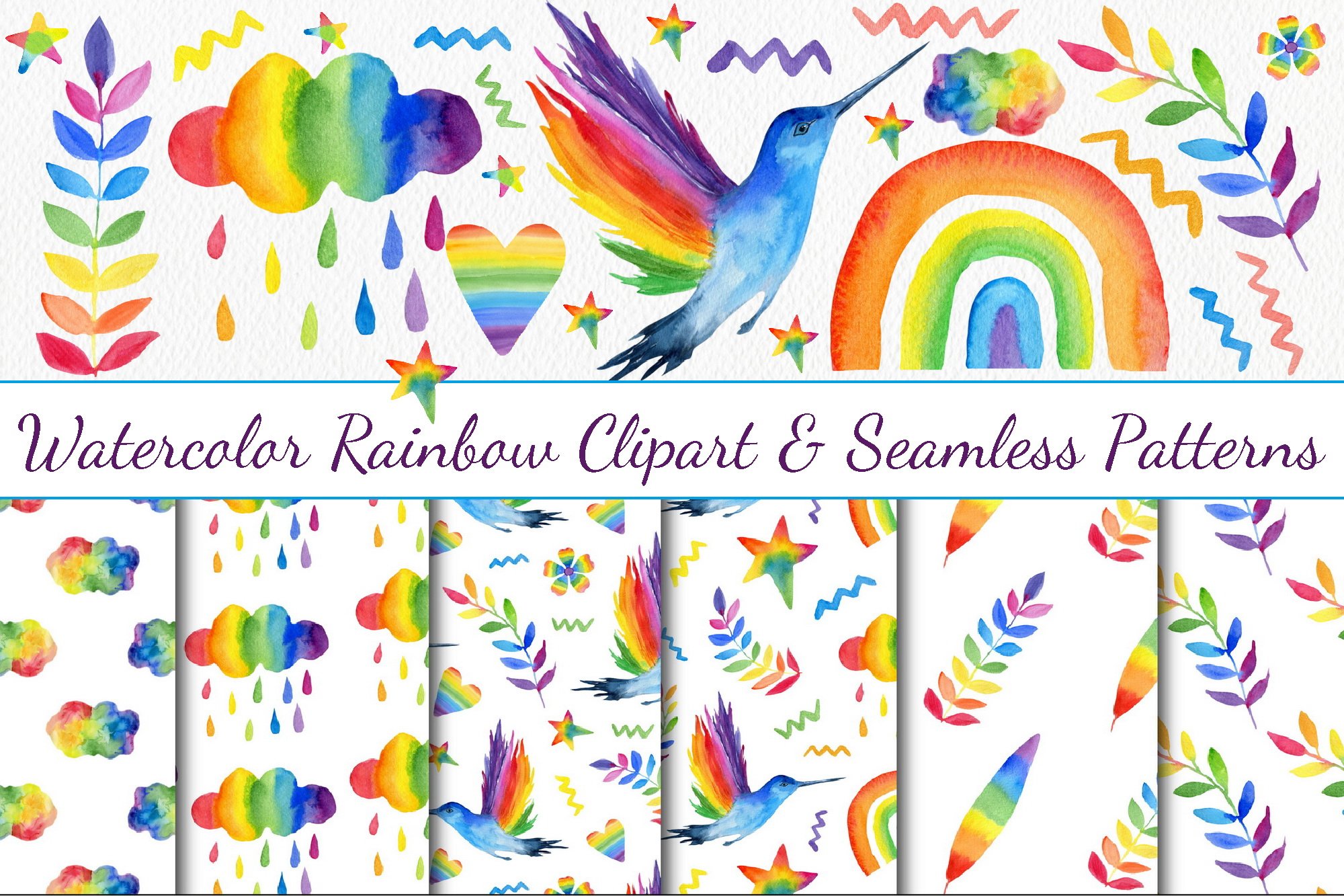 Watercolor Rainbow Clipart & Pattern cover image.