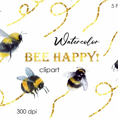 Watercolor bee clipart Bumblebee png cover image.