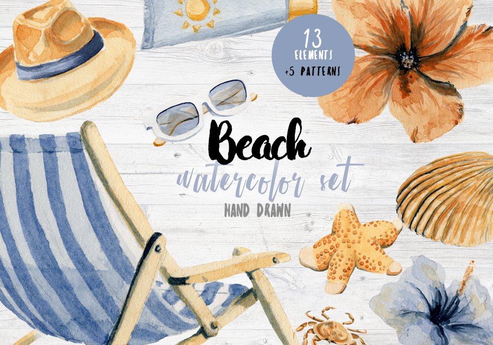 Watercolor Beach Set Clip Art cover image.