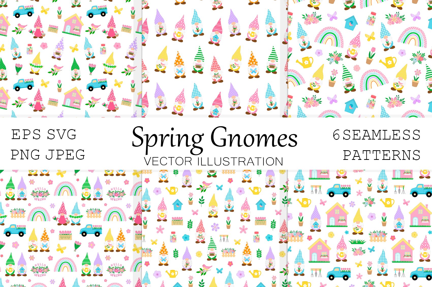 Spring Gnomes seamless patterns cover image.