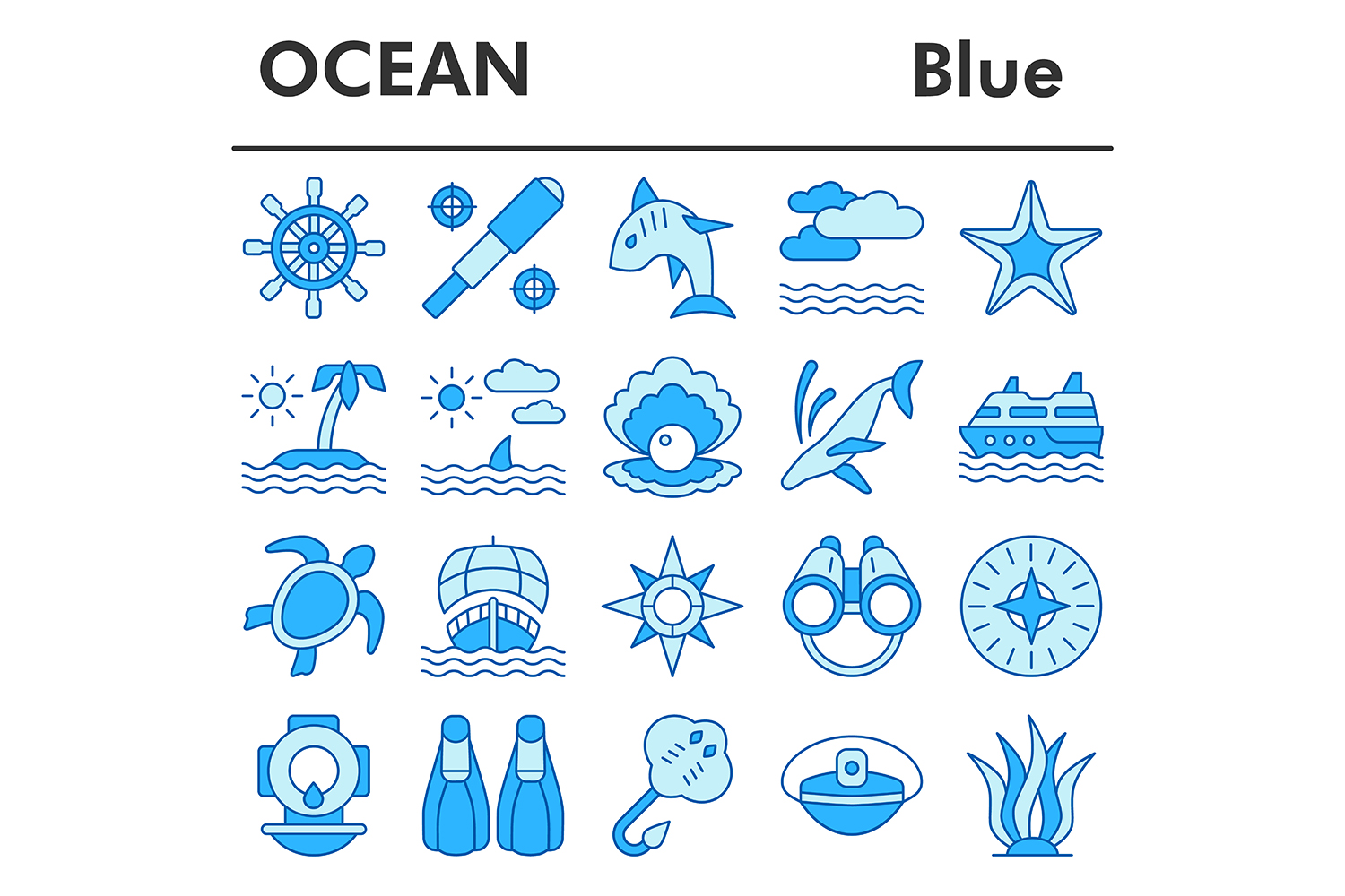 Ocean icons set, blue style pinterest preview image.