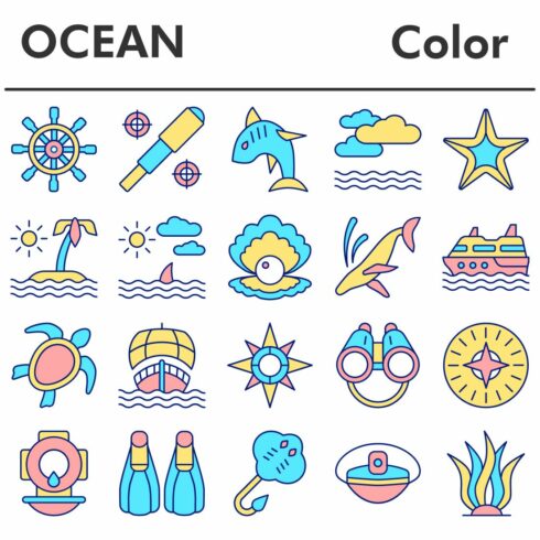 Ocean icons set, color style cover image.