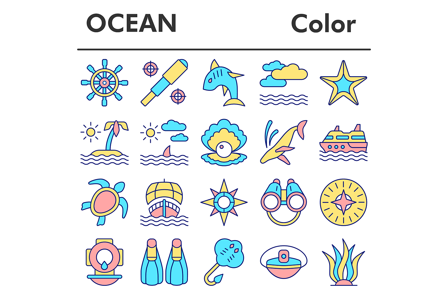 Ocean icons set, color style pinterest preview image.