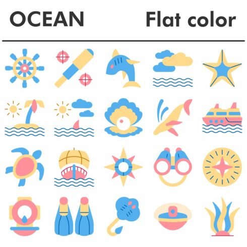 Ocean icons set, flat color style cover image.