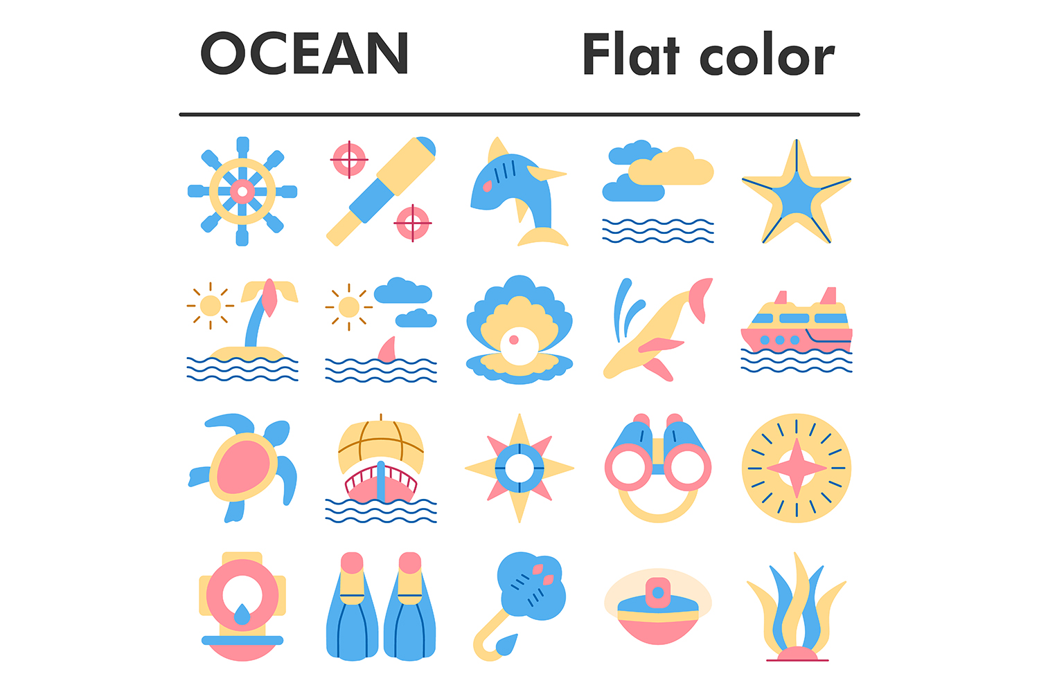 Ocean icons set, flat color style pinterest preview image.